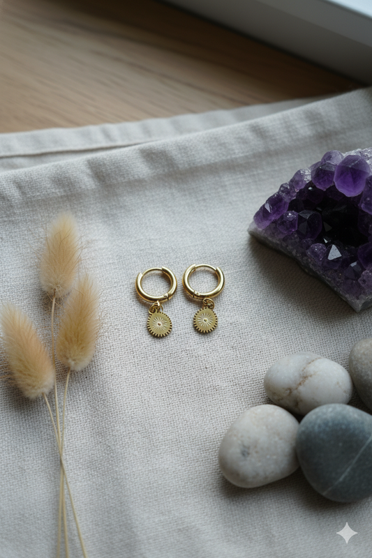 Sunburst charm Gold Huggie hoops